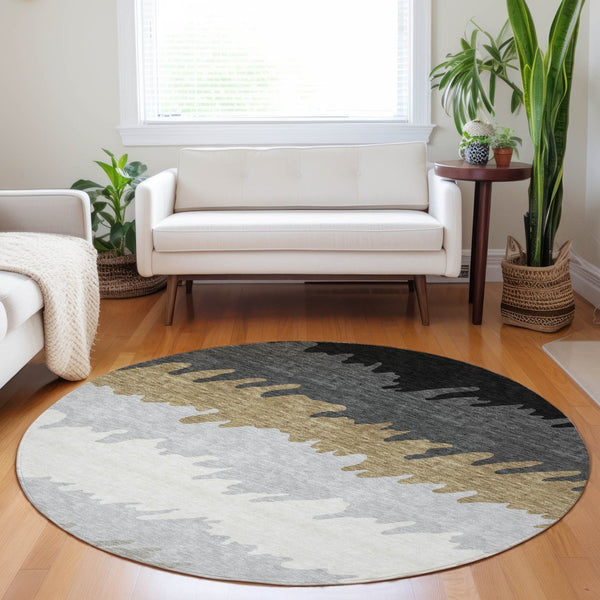 HomeRoots 8' Striped Washable Round Rug in Black, Beige & Silver - UV Protected, Pet-Friendly & Stylish Design 662124