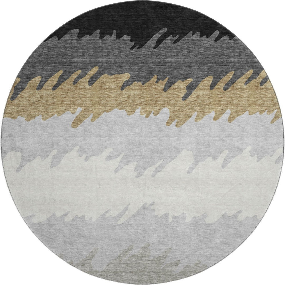 HomeRoots 8' Striped Washable Round Rug in Black, Beige & Silver - UV Protected, Pet-Friendly & Stylish Design 662124