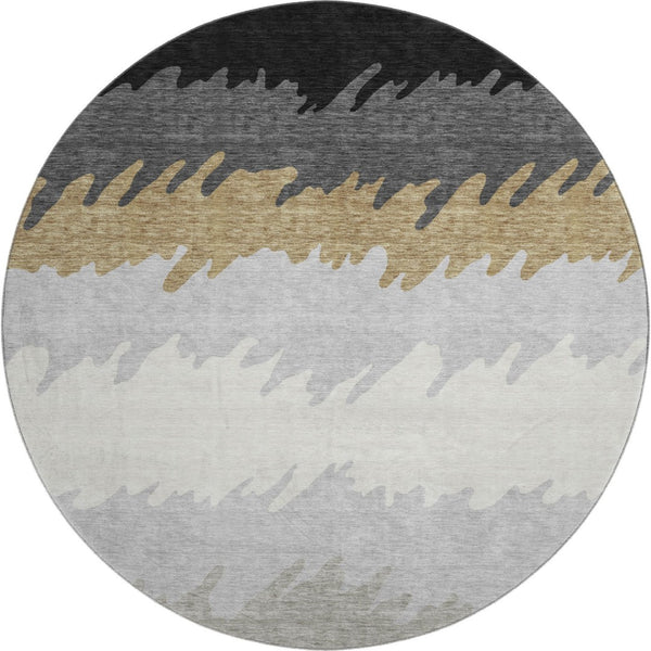 HomeRoots 8' Striped Washable Round Rug in Black, Beige & Silver - UV Protected, Pet-Friendly & Stylish Design 662124