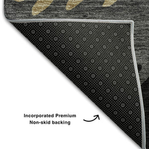 HomeRoots 8' Striped Washable Round Rug in Black, Beige & Silver - UV Protected, Pet-Friendly & Stylish Design 662124