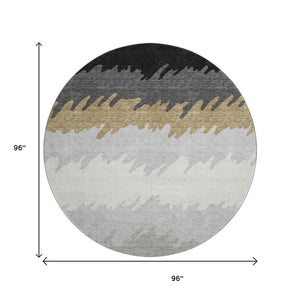 HomeRoots 8' Striped Washable Round Rug in Black, Beige & Silver - UV Protected, Pet-Friendly & Stylish Design 662124