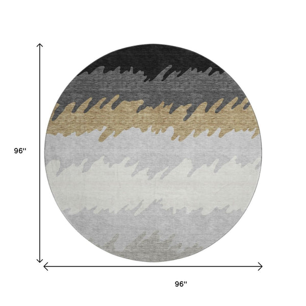 HomeRoots 8' Striped Washable Round Rug in Black, Beige & Silver - UV Protected, Pet-Friendly & Stylish Design 662124
