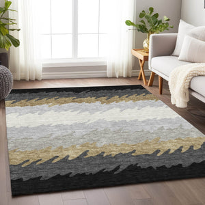 HomeRoots 8' X 10' Stylish Black Beige Silver Striped Washable Area Rug with UV Protection for Modern Homes 662125