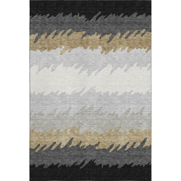 HomeRoots 8' X 10' Stylish Black Beige Silver Striped Washable Area Rug with UV Protection for Modern Homes 662125