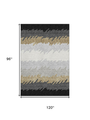 HomeRoots 8' X 10' Stylish Black Beige Silver Striped Washable Area Rug with UV Protection for Modern Homes 662125