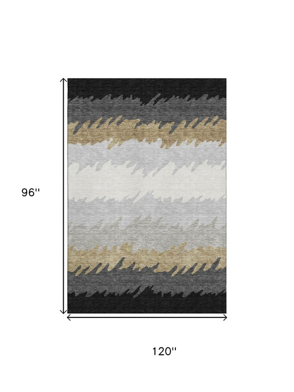 HomeRoots 8' X 10' Stylish Black Beige Silver Striped Washable Area Rug with UV Protection for Modern Homes 662125