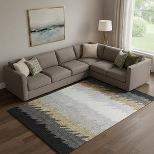 HomeRoots 8' X 10' Stylish Black Beige Silver Striped Washable Area Rug with UV Protection for Modern Homes 662125