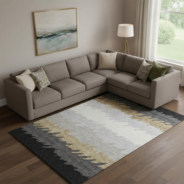 HomeRoots 8' X 10' Stylish Black Beige Silver Striped Washable Area Rug with UV Protection for Modern Homes 662125