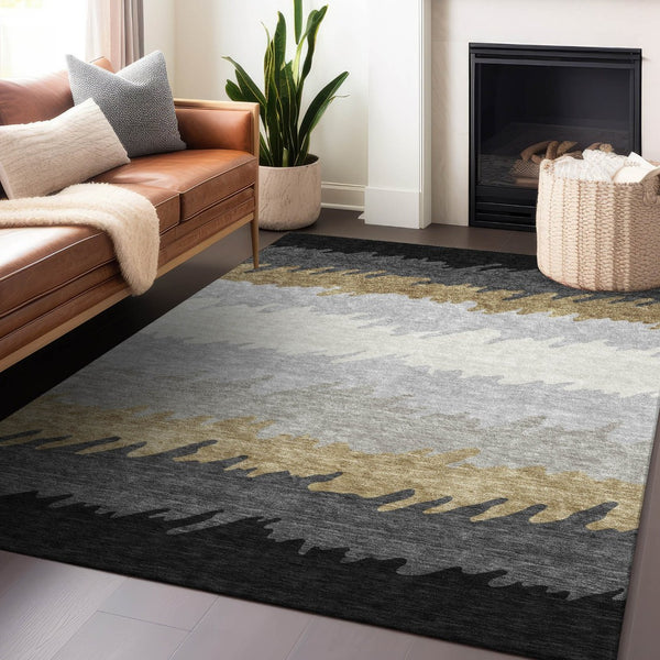 HomeRoots 8' X 10' Stylish Black Beige Silver Striped Washable Area Rug with UV Protection for Modern Homes 662125