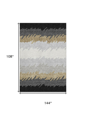HomeRoots 9' X 12' Striped Washable Area Rug in Black, Beige & Silver - Durable, UV-Protected for High-Traffic Homes 662126