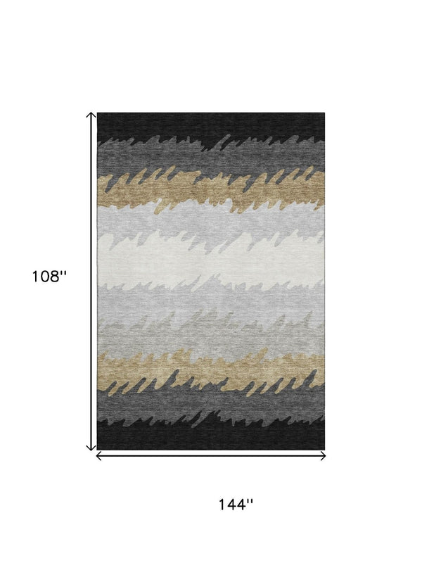 HomeRoots 9' X 12' Striped Washable Area Rug in Black, Beige & Silver - Durable, UV-Protected for High-Traffic Homes 662126