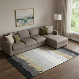 HomeRoots 9' X 12' Striped Washable Area Rug in Black, Beige & Silver - Durable, UV-Protected for High-Traffic Homes 662126