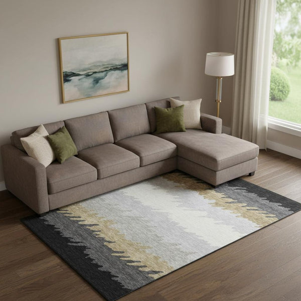 HomeRoots 9' X 12' Striped Washable Area Rug in Black, Beige & Silver - Durable, UV-Protected for High-Traffic Homes 662126