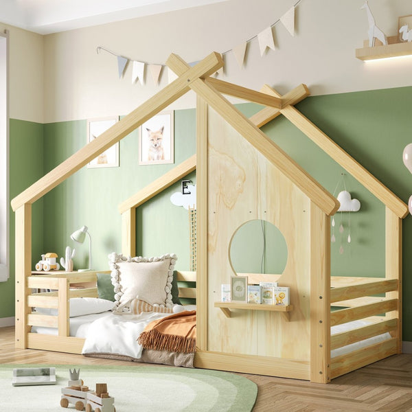 English Elm Twin House Bed Low Profile Pine Wood Frame with Shelf Montessori Kids Floor Sleeping Natural W5305P429643