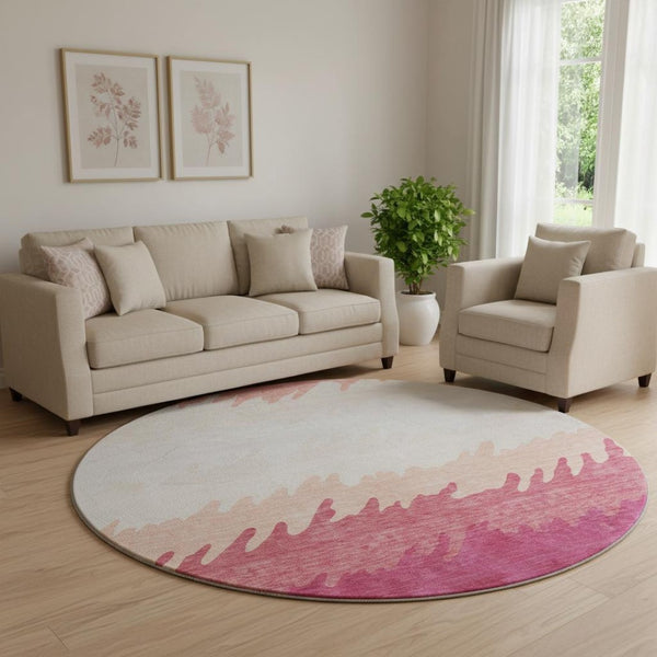 HomeRoots 8' Blush and Ivory Striped Round Rug - Washable, UV Protected, Durable Design for Modern Homes 662130