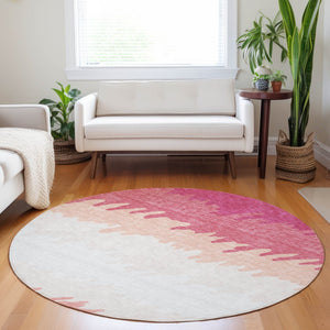 HomeRoots 8' Blush and Ivory Striped Round Rug - Washable, UV Protected, Durable Design for Modern Homes 662130
