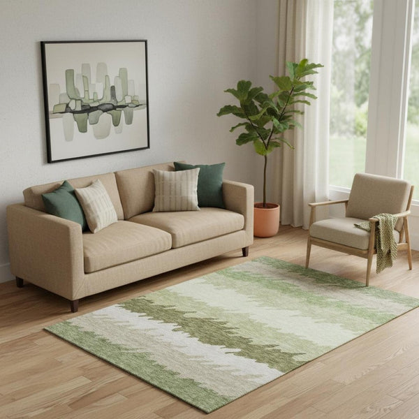 HomeRoots 5' X 8' Green And Beige Striped Washable Area Rug - Durable, UV-Protected, Stylish Comfort for Homes 662147