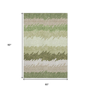 HomeRoots 5' X 8' Green And Beige Striped Washable Area Rug - Durable, UV-Protected, Stylish Comfort for Homes 662147