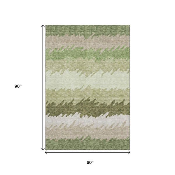 HomeRoots 5' X 8' Green And Beige Striped Washable Area Rug - Durable, UV-Protected, Stylish Comfort for Homes 662147