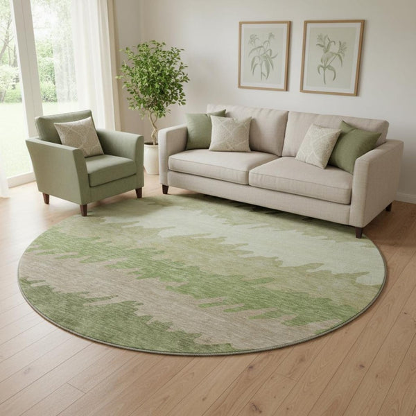 HomeRoots 8' Green And Beige Striped Round Rug - Washable, UV Protected, Non-Slip for Stylish, Durable Living Spaces 662148