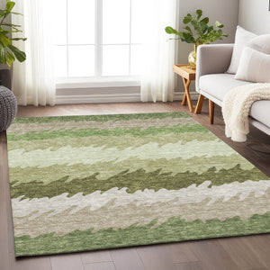 HomeRoots 10' Green and Beige Striped Washable Area Rug - Durable, UV-Protected, Perfect for Family Spaces! 662151