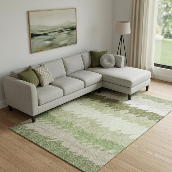HomeRoots 10' Green and Beige Striped Washable Area Rug - Durable, UV-Protected, Perfect for Family Spaces! 662151