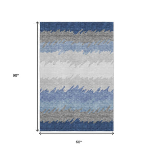 HomeRoots 5' X 8' Navy Blue Gray Silver Striped Washable Area Rug - UV Protected, Stain Resistant, Durable Design 662159