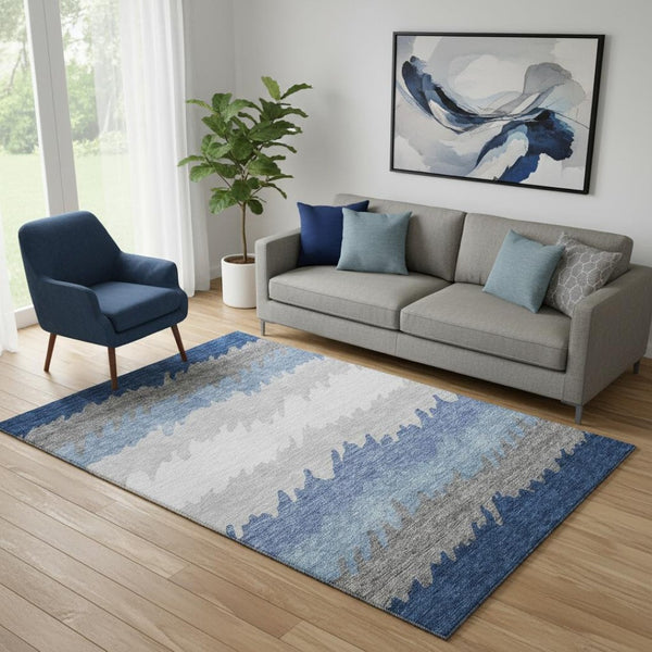 HomeRoots 5' X 8' Navy Blue Gray Silver Striped Washable Area Rug - UV Protected, Stain Resistant, Durable Design 662159