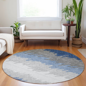 HomeRoots 8' Navy Blue, Gray & Silver Striped Washable Round Rug with UV Protection for High-Traffic Homes 662160