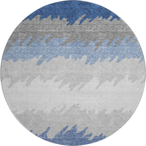 HomeRoots 8' Navy Blue, Gray & Silver Striped Washable Round Rug with UV Protection for High-Traffic Homes 662160