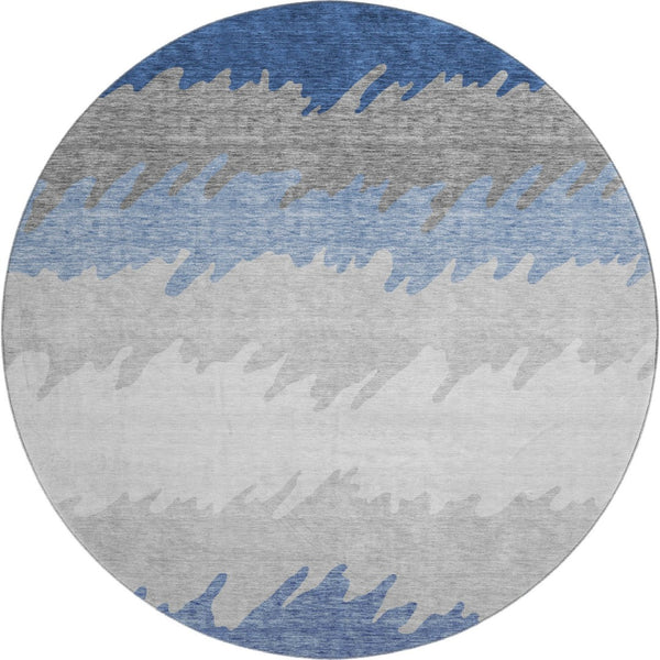 HomeRoots 8' Navy Blue, Gray & Silver Striped Washable Round Rug with UV Protection for High-Traffic Homes 662160
