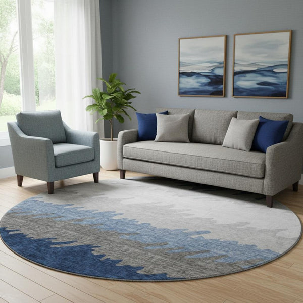 HomeRoots 8' Navy Blue, Gray & Silver Striped Washable Round Rug with UV Protection for High-Traffic Homes 662160
