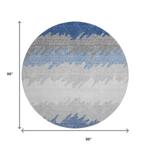 HomeRoots 8' Navy Blue, Gray & Silver Striped Washable Round Rug with UV Protection for High-Traffic Homes 662160