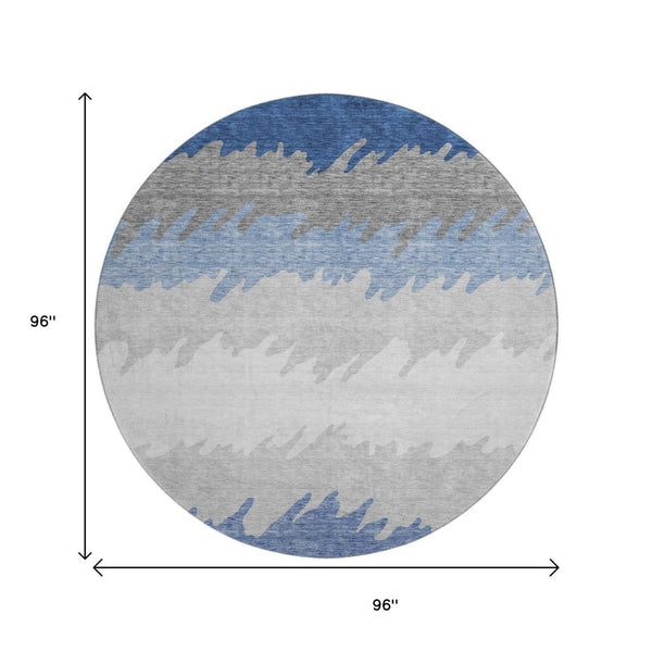 HomeRoots 8' Navy Blue, Gray & Silver Striped Washable Round Rug with UV Protection for High-Traffic Homes 662160
