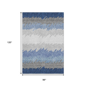HomeRoots 8' X 10' Navy Blue, Gray & Silver Striped Area Rug - Durable, Stain-Resistant with UV Protection! 662161