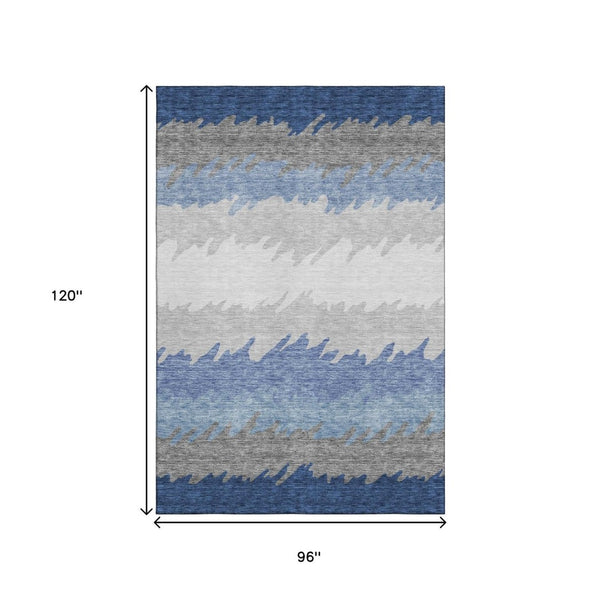 HomeRoots 8' X 10' Navy Blue, Gray & Silver Striped Area Rug - Durable, Stain-Resistant with UV Protection! 662161