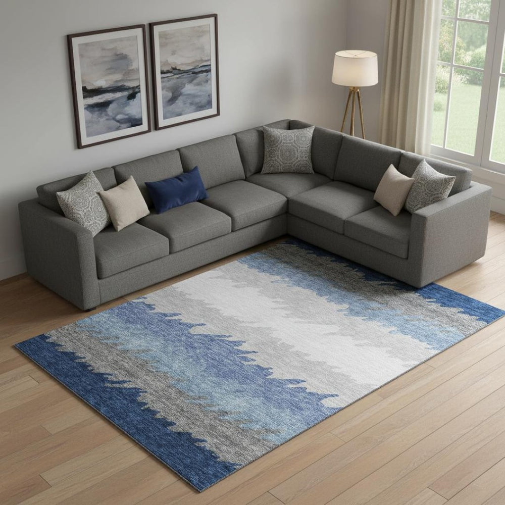 HomeRoots 8' X 10' Navy Blue, Gray & Silver Striped Area Rug - Durable, Stain-Resistant with UV Protection! 662161
