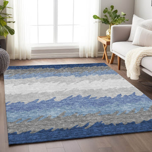 HomeRoots 8' X 10' Navy Blue, Gray & Silver Striped Area Rug - Durable, Stain-Resistant with UV Protection! 662161