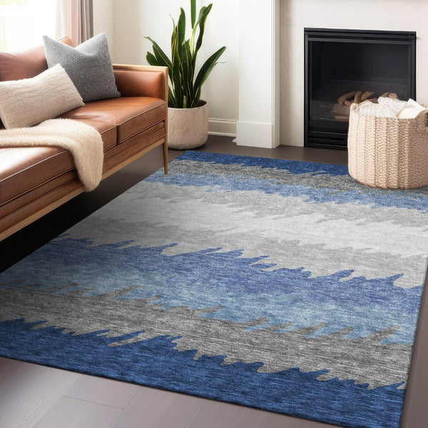 HomeRoots 8' X 10' Navy Blue, Gray & Silver Striped Area Rug - Durable, Stain-Resistant with UV Protection! 662161