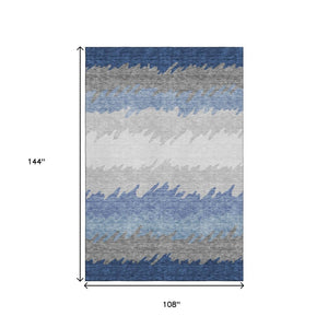 HomeRoots 9' X 12' Navy Blue, Gray & Silver Striped Washable Area Rug with UV Protection for Busy Homes 662162