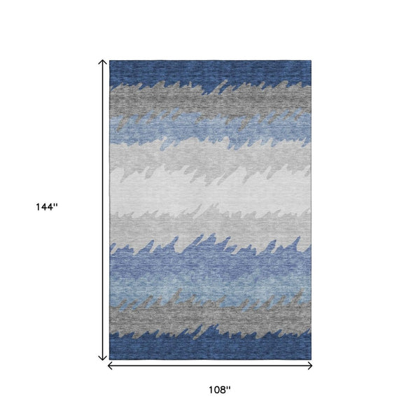 HomeRoots 9' X 12' Navy Blue, Gray & Silver Striped Washable Area Rug with UV Protection for Busy Homes 662162