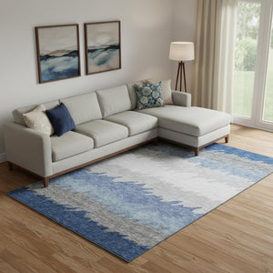 HomeRoots 9' X 12' Navy Blue, Gray & Silver Striped Washable Area Rug with UV Protection for Busy Homes 662162
