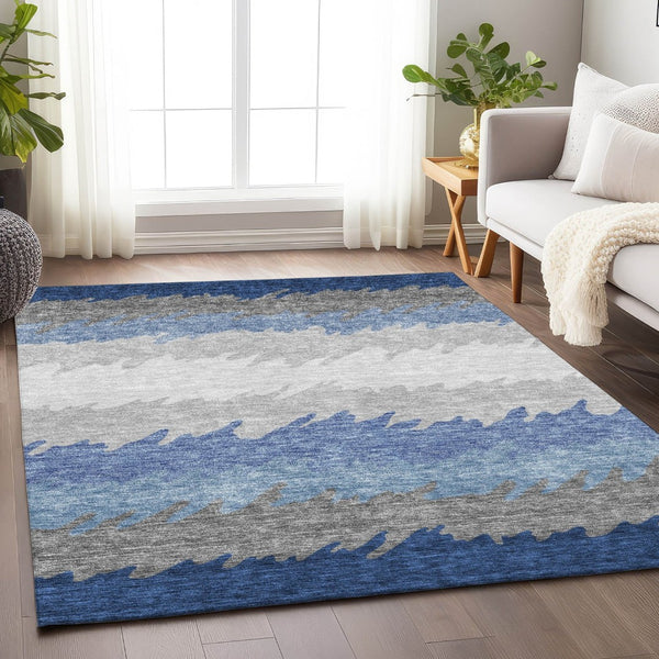 HomeRoots 9' X 12' Navy Blue, Gray & Silver Striped Washable Area Rug with UV Protection for Busy Homes 662162