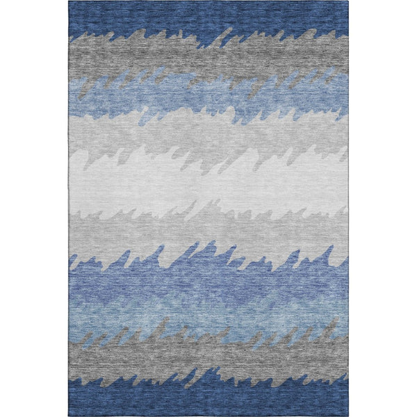 HomeRoots 9' X 12' Navy Blue, Gray & Silver Striped Washable Area Rug with UV Protection for Busy Homes 662162
