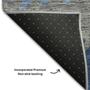 HomeRoots 9' X 12' Navy Blue, Gray & Silver Striped Washable Area Rug with UV Protection for Busy Homes 662162