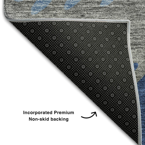 HomeRoots 9' X 12' Navy Blue, Gray & Silver Striped Washable Area Rug with UV Protection for Busy Homes 662162