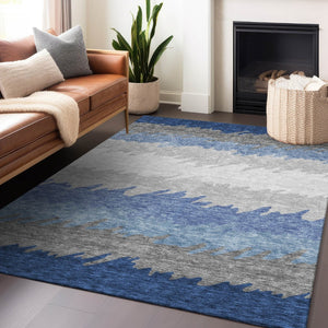 HomeRoots 9' X 12' Navy Blue, Gray & Silver Striped Washable Area Rug with UV Protection for Busy Homes 662162