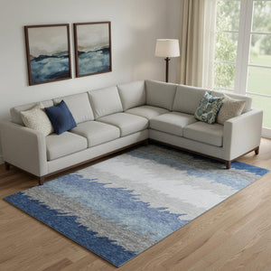 HomeRoots 10' X 14' Navy Blue Gray Silver Striped Washable Area Rug - Durable, Stain Resistant & UV Protected! 662163