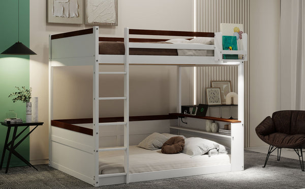 English Elm Queen Size Wooden Bunk Bed With Storage, Led Light, Usb Charging & Shelves For Modern Living Space N7090005006K-GIGA