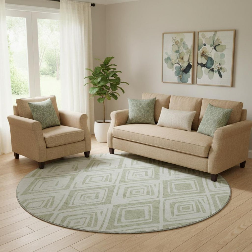HomeRoots 8' Artichoke Green & Ivory Diamond Round Rug - Washable, UV Protected, Durable & Soft for Any Room 662184